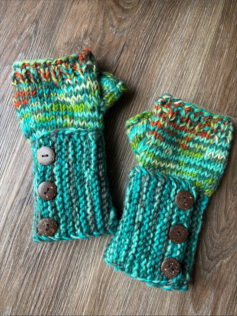 Hand-Knit Green Multicolor Fingerless Mitts with Button Cuffs